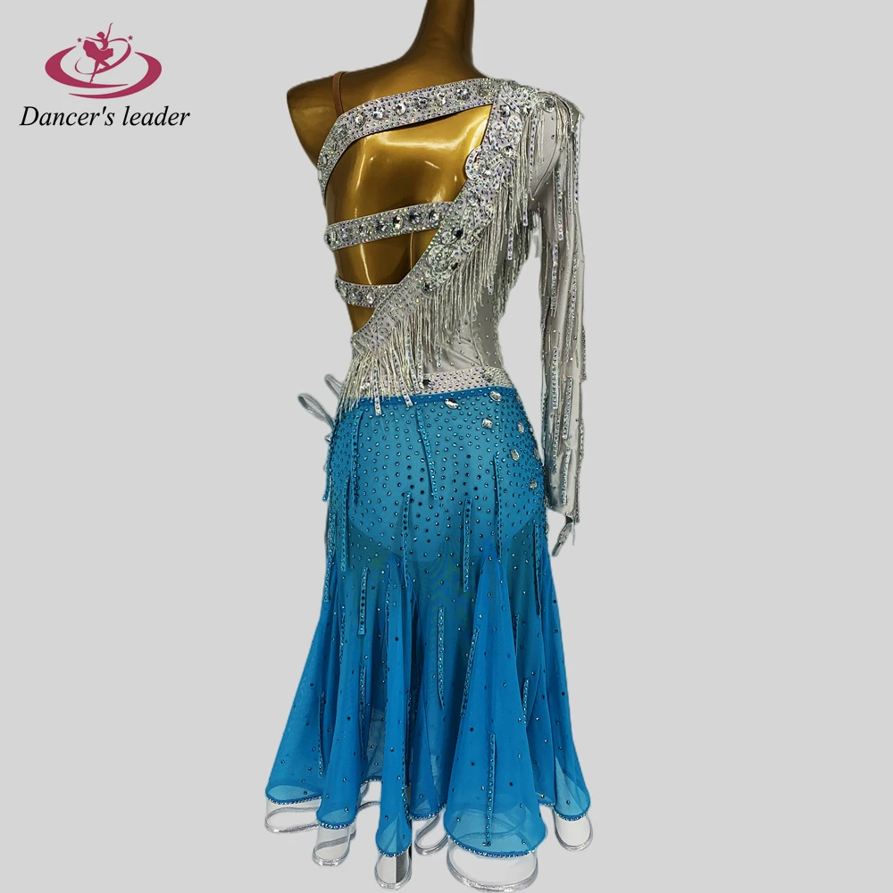 Latin Dance Dress High-end Custom Contrast Color Full Diamond Half Through Dance Skirt Cha Cha Tango Stage Professional Clothing