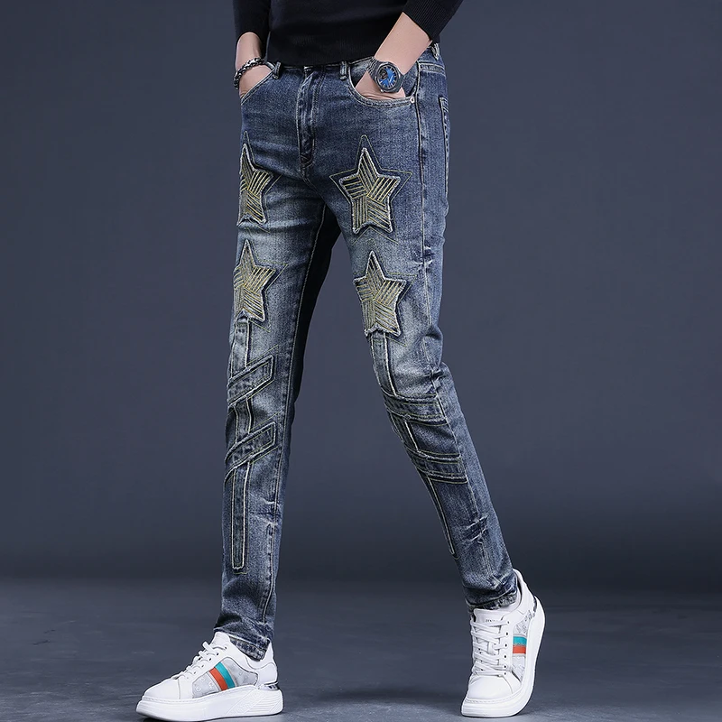 Autumn Star Embroidery Blue Jeans Men Streetwear Casual Patches Denim Slim Fit Straight Pants