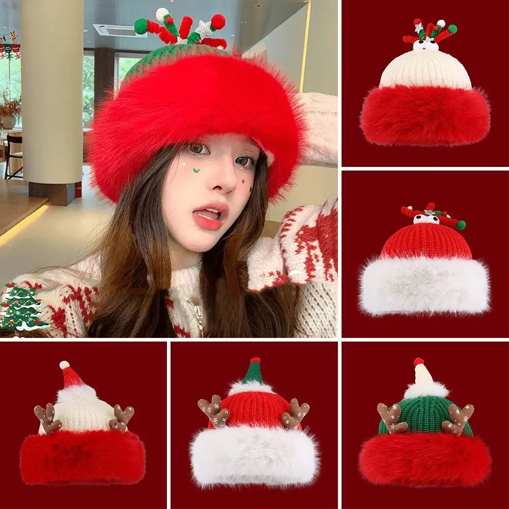 Gifts Red Antler Christmas Hat Cute Loose Winter Hat Warm Fleece-lined Beanie Hat for Women