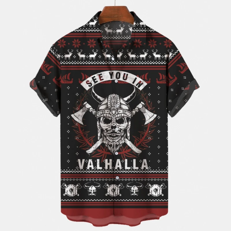 Christmas Men's Shirt Loose Lapel Button Shirt Fashion Outdoor Streetwear Skull And Axe Graphic Short Sleeve Printed Tee Men Top