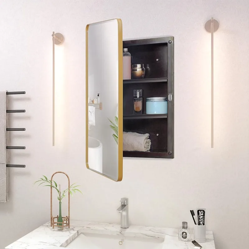 Fundin Plastic Medicine Cabinet, Beveled Edge Mirror Door with Round Corner Metal Frame, Recessed and Surface Mount