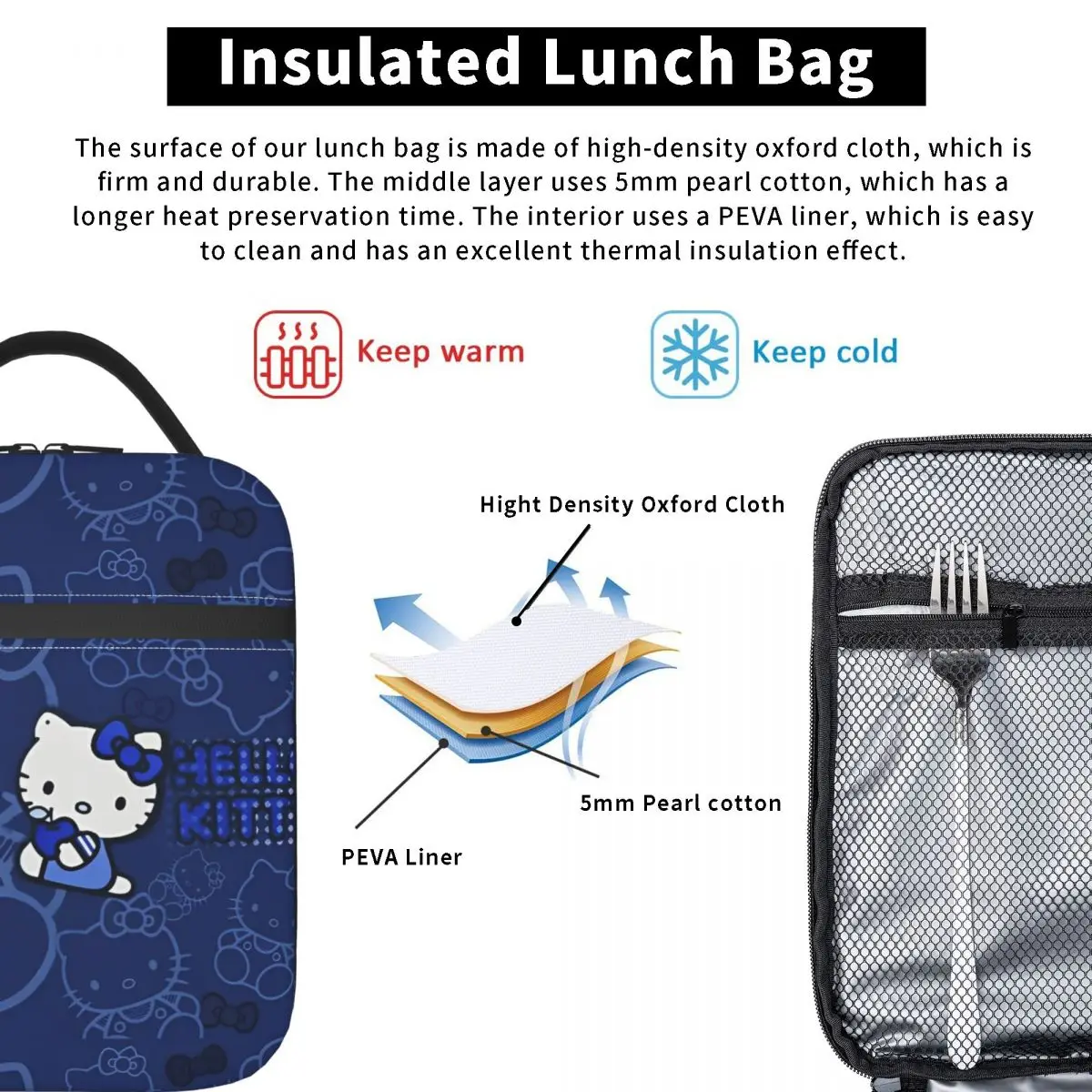 Hello Kitty Cute Cartoon Anime Insulated Lunch Bags contenitore per il pranzo a tenuta stagna borsa termica Tote Lunch Box School Outdoor uomo donna