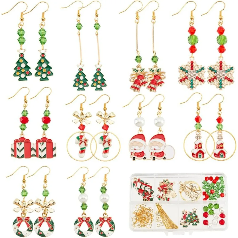 1 Box 10 Sets Christmas Earring Making Kit Gold Drop Dangle Earrings Christams Charm Enamel Snowflake Christmas Charms Glass