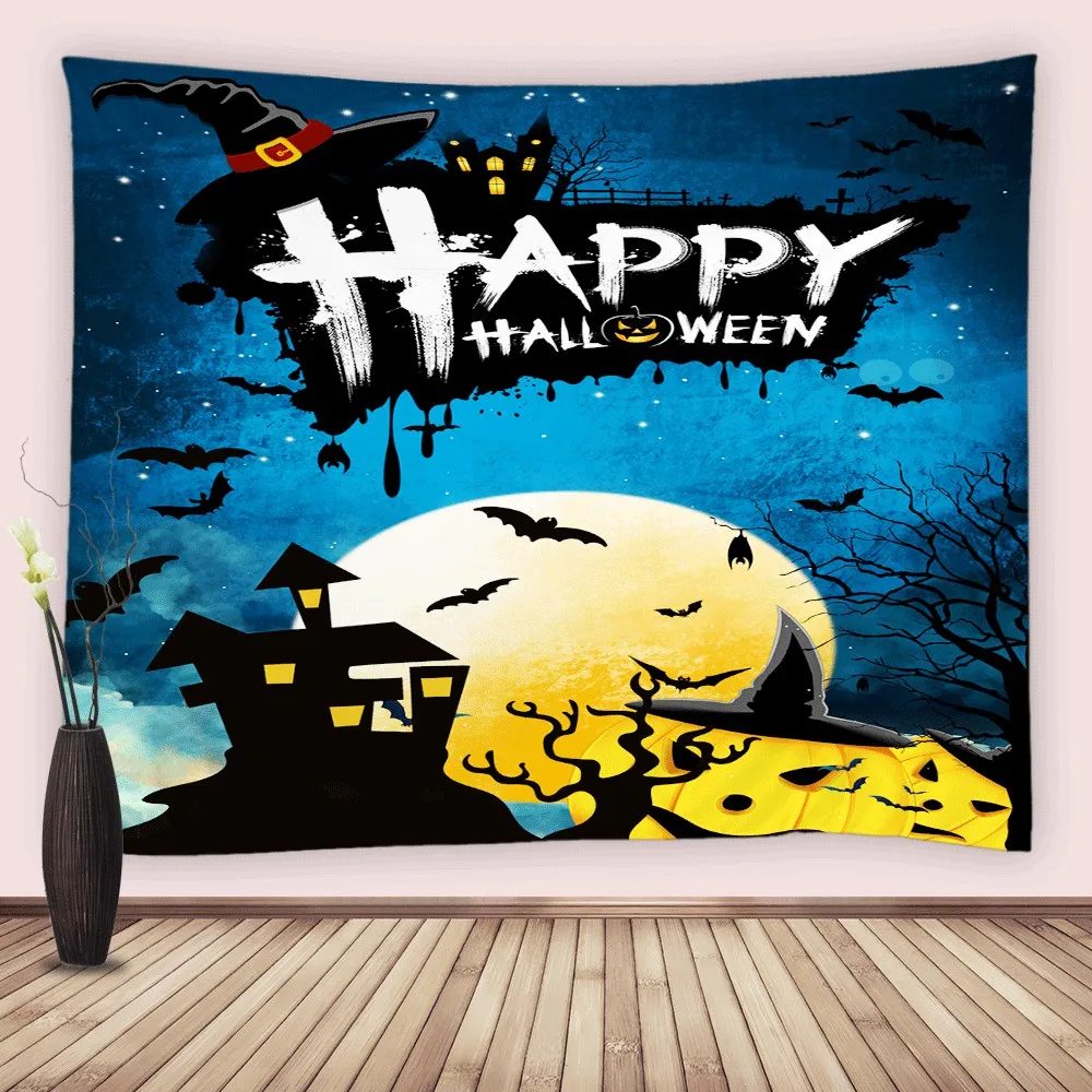 Halloween Photography Backdrop Full Moon Scary Night Castle Pumpkins Party Spooky Witch Bat Cemetery Decor Wall Hanging Tapestry