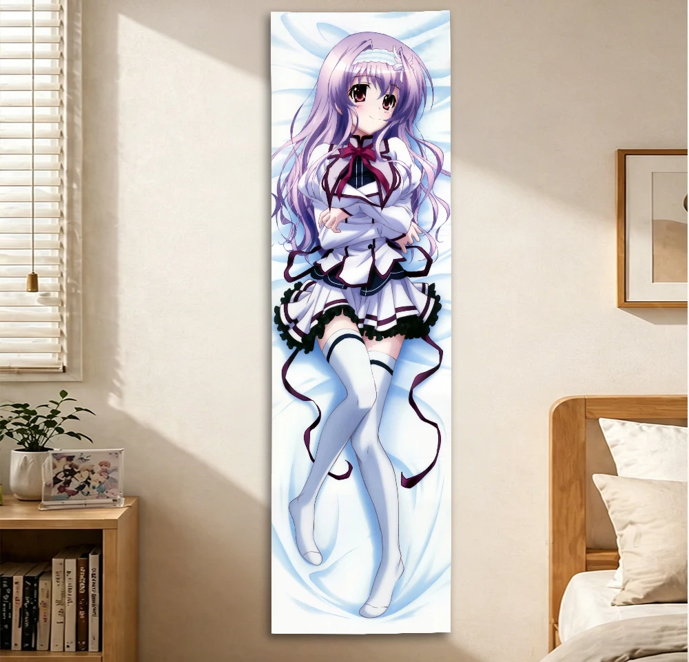 Anime Girl Dakimakura-Style Tapestry, White & Purple Uniform, Soft Bedroom Decor