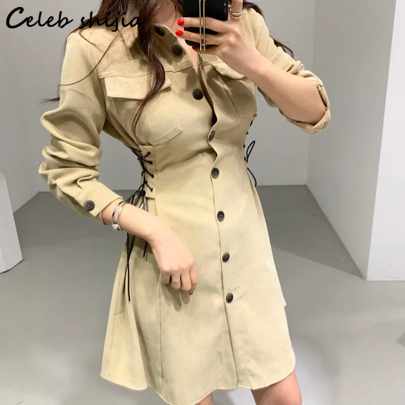 Khaki Chic Bandage Dress Women Single Breasted Spring High Waist Elegant Bodycon Dress Female Long-sleeve Korean Clothing