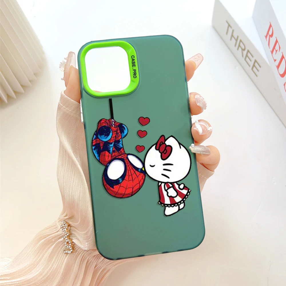 Spidermans Hello Kittys Phone Case for IPhone 13 12 11 15 14 Pro Max Plus Lens Creative Border Silver Plated Inside Hard TPU