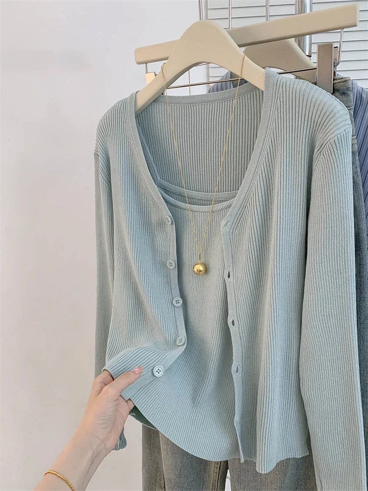 

Women Blue Cardigan Cashmere Sweater Korean Harajuku Long Sleeves Two-piece Set Sweaters Jumper Vintage Clothes Autumn