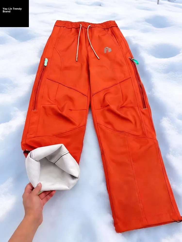 Dopne Vitali Orange Soft ell Ski Pants Men's Winter Fce Lined Workwear Mountain Climbing Waterproof Outdoor Trousers