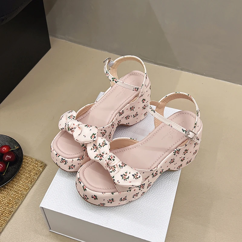 

2025 Summer Printing Wedges Platform Sandals Women's Thick Bottom High Heels Shoes Lovely Young Girl Height Increase Shoes