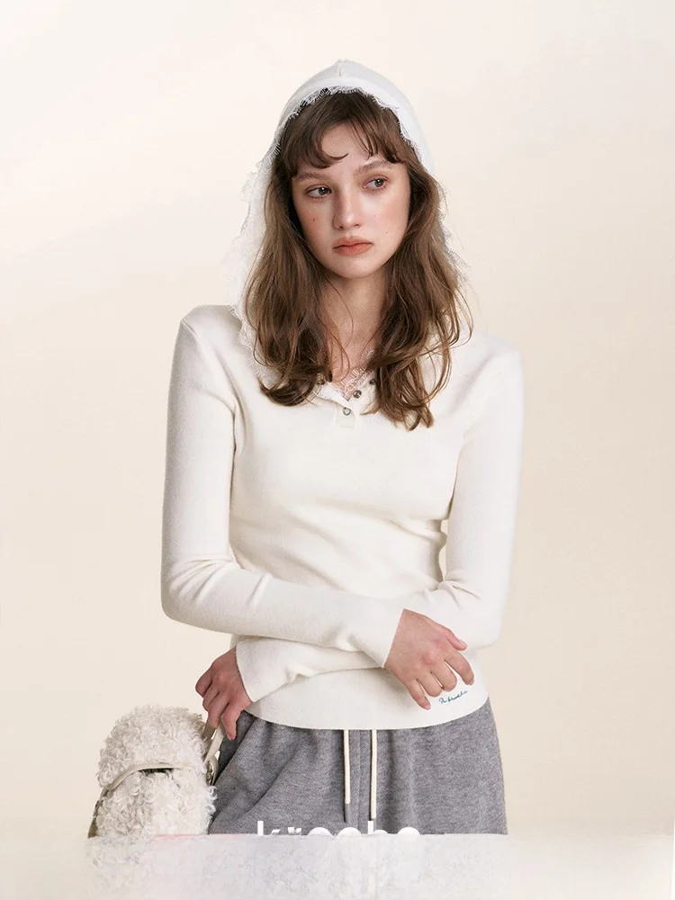 

Женский повседневный облегающий вязаный топ Kroche с V-образным вырезом, кружевной отделкой и длинными рукавами, из смесовой ткани (полиэстер, нейлон, шерсть)