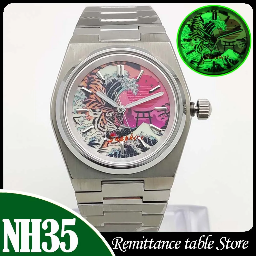 Men's stainless steel automatic watch with aseptic full-luminous dial, NH35 calibre, water-resistant, sapphire crystal