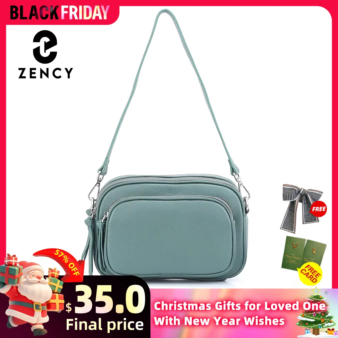 Zency Casual Designer Women Shoulder Bag Top Layer Cowhide Leather Handbag More pockets Large Capacity Female Crossbody Bag Blue