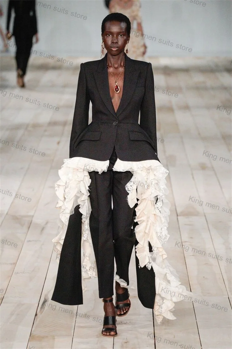 

Long Women Suit Set 2 Pcs Blazer+Pants Trousers White Black Customized Formal Office Lady Jacket Wedding Cotton Prom Coat
