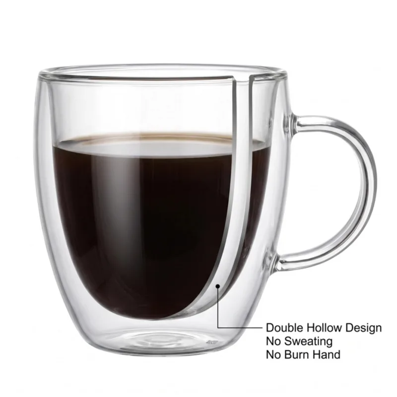 

Food Grade High Borosilicate Glass Cup Double Wall Insulated Coffee Tea Mug With Handle