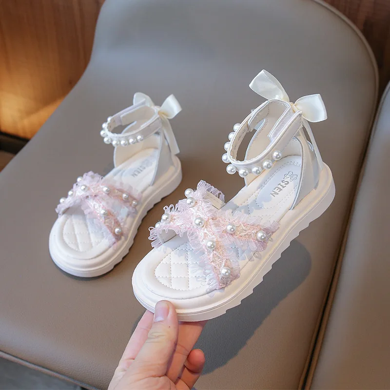 Nieuwe Baby Sandalen Voor Meisjes Schoenen 2023 Kralen Mesh Kinderschoen Voor Meisje Rome Prinses Zomer Voor Kinderen Plat Strand Meisje Sandaal