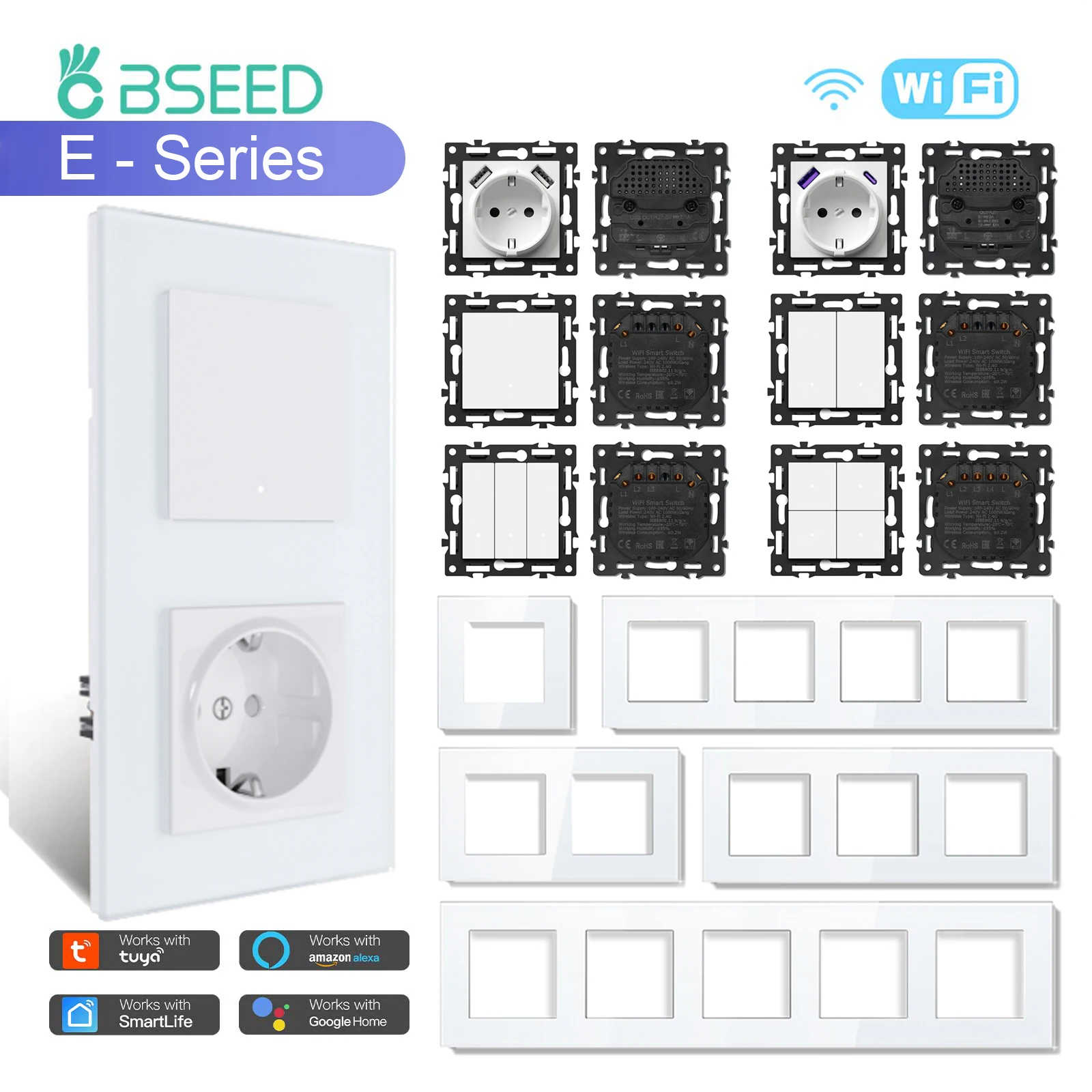 BSEED WIFI Click Switch Modules Smart Light Switch Parts White Glass Frame DIY Combination Wall Sockets USB Charge Key E-Series