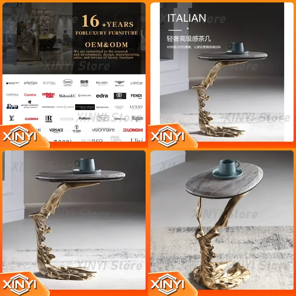 Light Luxury Marble Sofa Side Table for Living Room Home Decor Designer Mansion Furniture Pure Copper Edge Movable Corner