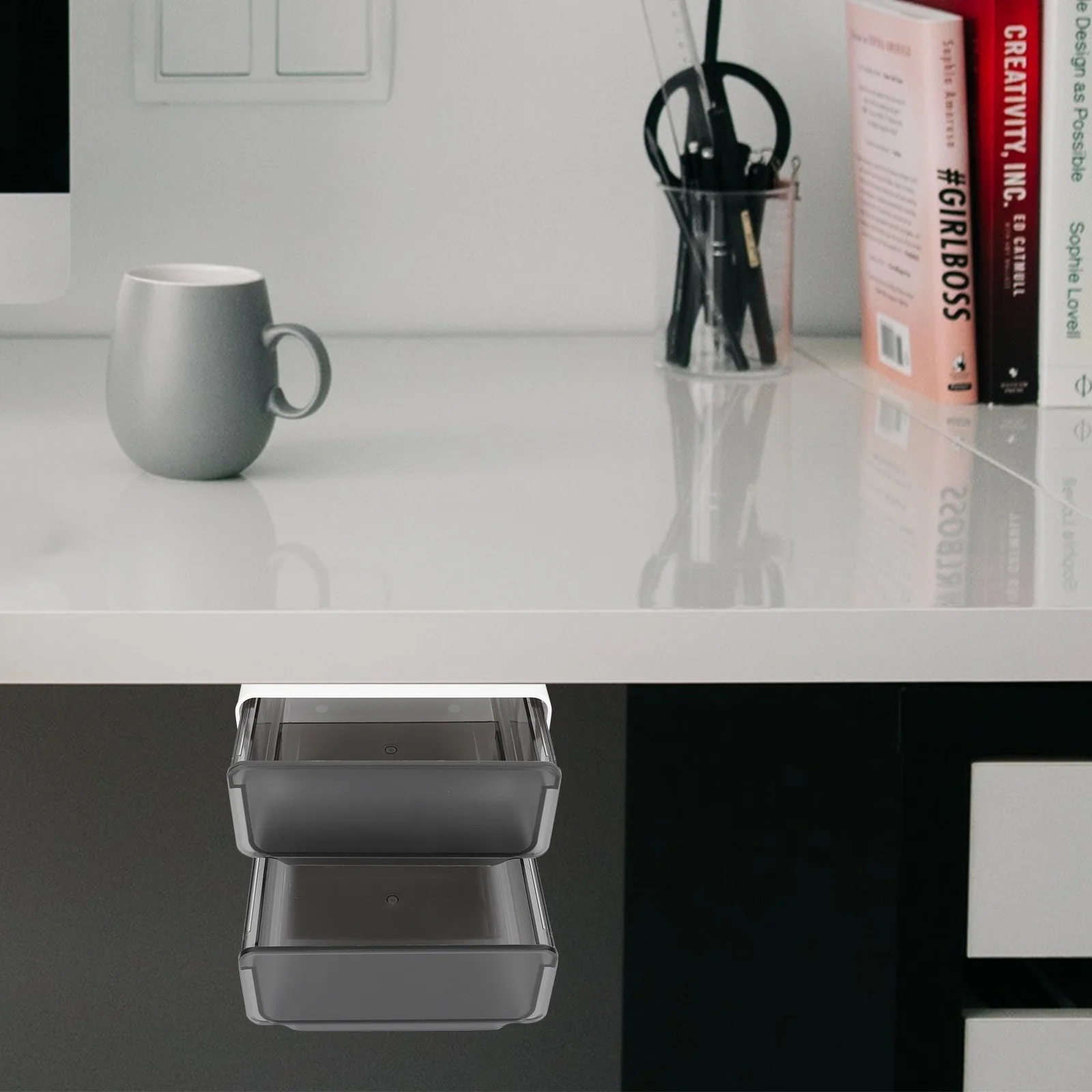 

Plastic Drawer Type Box Adhesive Under Desk Storage Organizer Large Capacity Hidden Drawer Multi-Purpose Box Punch