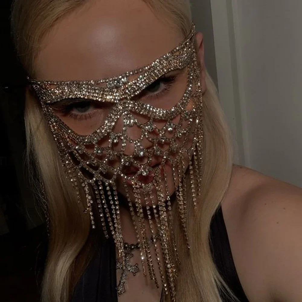 Mysterieus Kristal Franje Masker Voor Gezicht Sieraden Bling Sluier Dans Maskerade Masker Strass Luxe Voor Vrouwen Performance Party