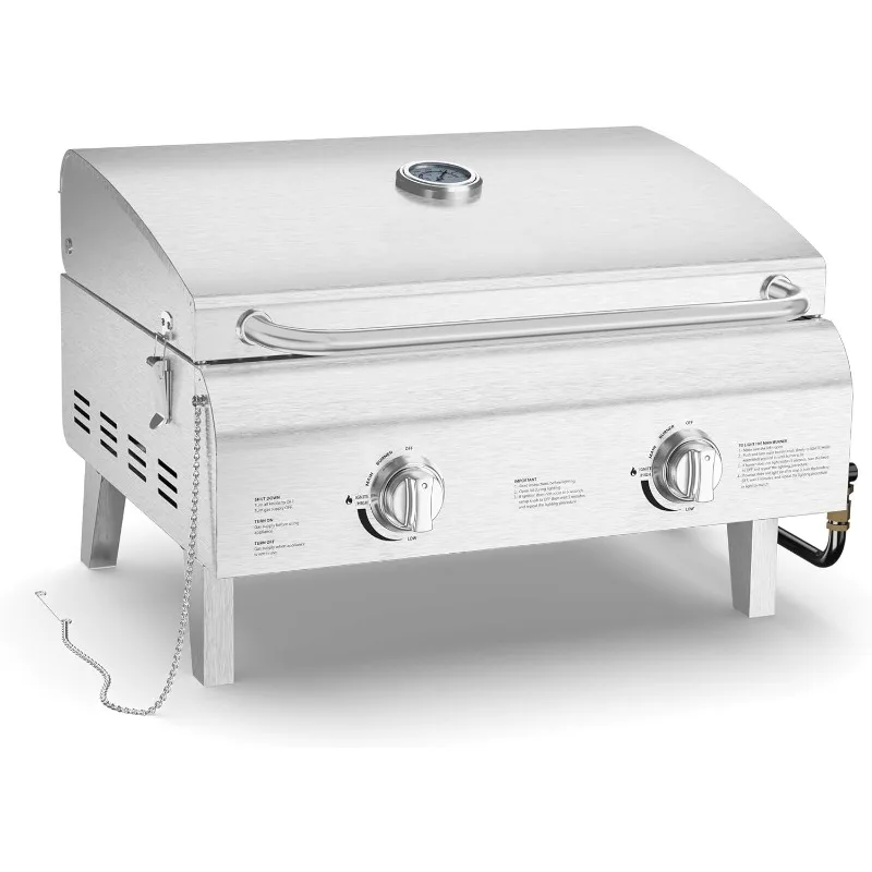 Portable Stainless Steel Gas Grill - 2 Burners Easy Clean Tabletop BBQ Propane Gas Grill With Foldable Legs And Wind Proof