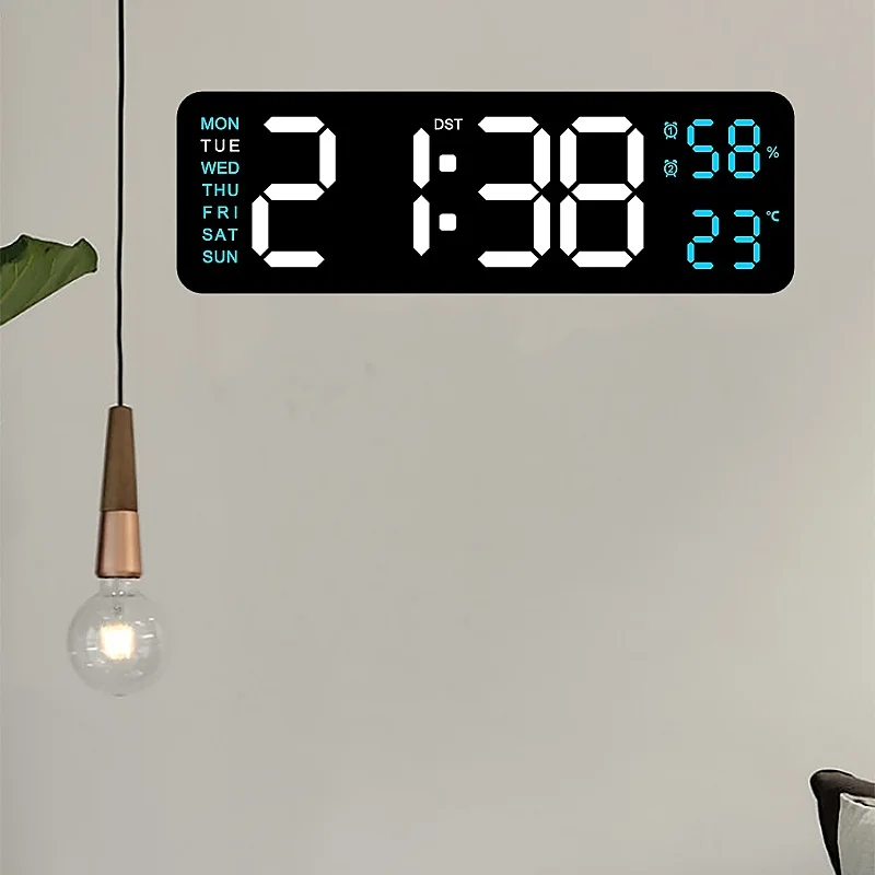 9-Zoll-große digitale Wanduhr, USB-betrieben, TEMP, Luftfeuchtigkeit, Woche, automatischer Dimmer, DST-Tischuhr, 12/24 Stunden, elektronischer LED-Wecker – Detail 10
