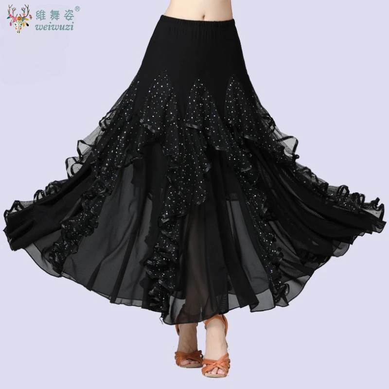 Falda de baile moderna de Flamenco, falda grande con lentejuelas, falda de baile de salón, falda de baile Social, vestido largo de práctica de baile de competición