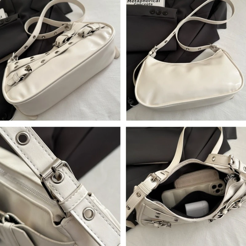 Schicke Y2K Damen-Unterarmtasche mit doppelter Gürtelschnalle, verstellbarem Riemen, trendige, punk-inspirierte Handtasche, für lässige Schultertasche. – Detail 7