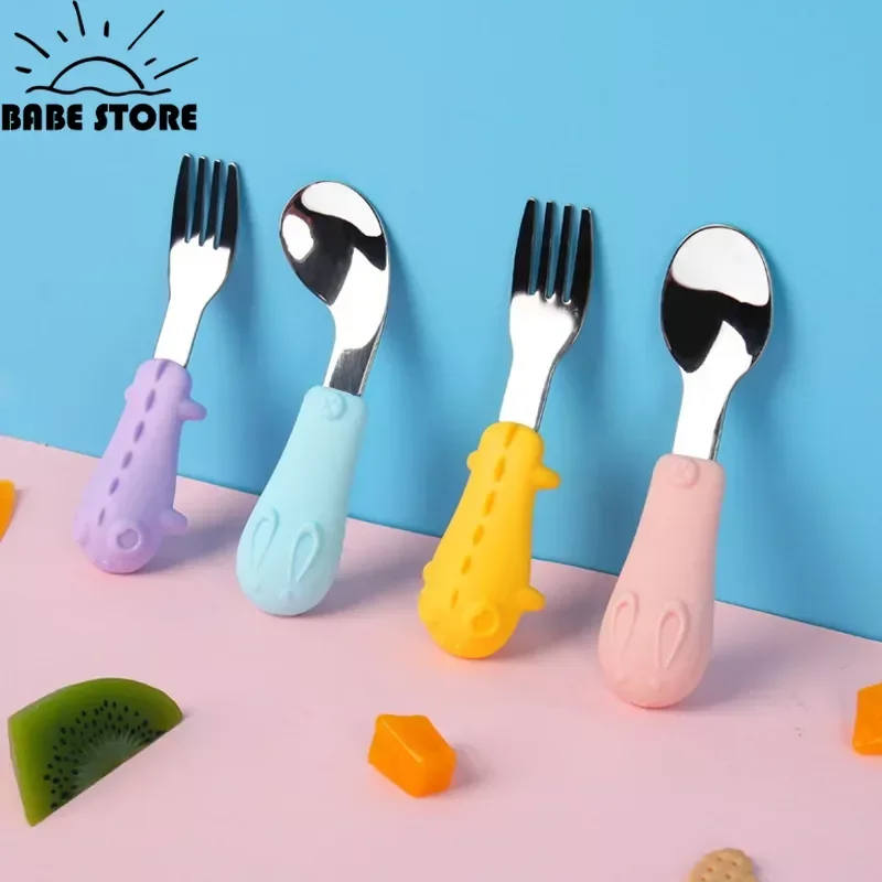 Food Grade Children's Convenient Silicone Spoon Fork Baby Learn To Eat Short Handle Stainless Steel Spoon Baby Training  Spoons