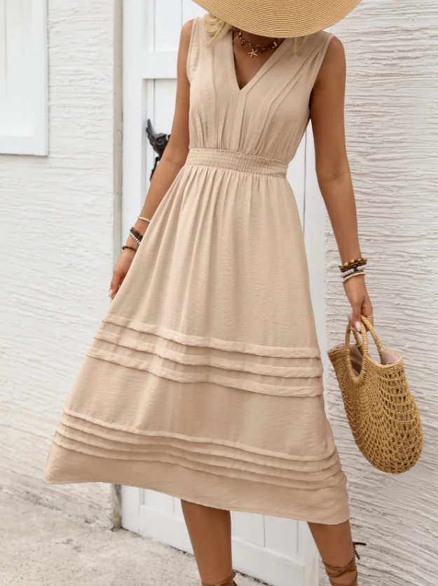 Elegant Women's Loose Dresses Solid Color Drawstring Sleeveless V-Neck Elastic Waist Dress for Women