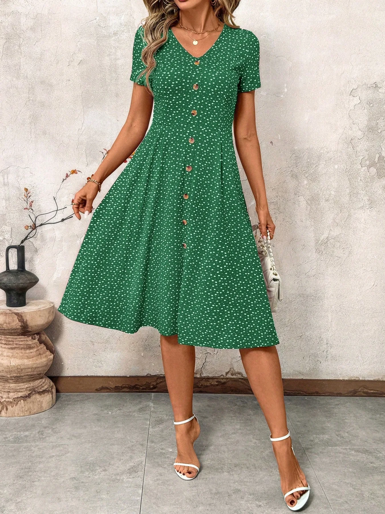 Damen Polka Dot V-Ausschnitt Midikleid Lässiges Knopfleisten-Kurzarmkleid A-Linie Swing Sommer Strandkleid – Detail 11