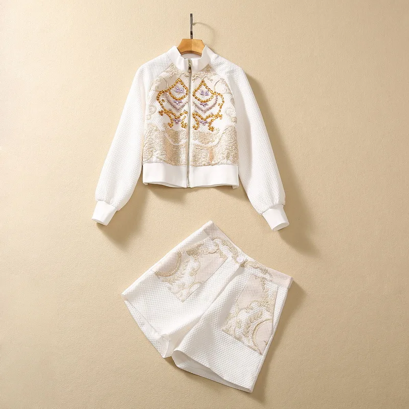 

European and American women's clothing 2023 autumn new Zhijin County Long sleeve beaded zipper jacket shorts Fashion suit