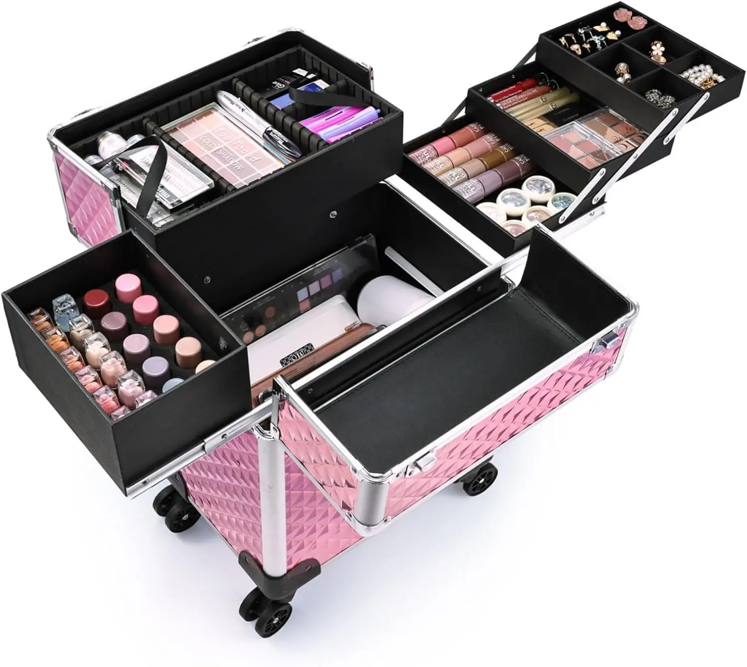 Rolling Makeup Train Case Large Storage Cosmetic Trolley 4 Tray with Sliding Rail Removable Middle Layer with Key Swivel Wheels