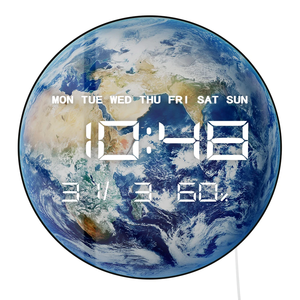 

Earth World Globe Светодиодные цифровые настенные часы для спальни Планета из космоса Синий мрамор Домашний декор Электрический дисплей Настольные часы