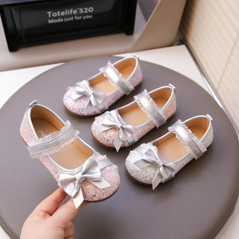 Spring Girl's Princess Shoes Sparkly Bow-adorned Kids Dress Shoe Pretty Party-perfect 23-34 Flexiable Sole Children Flats