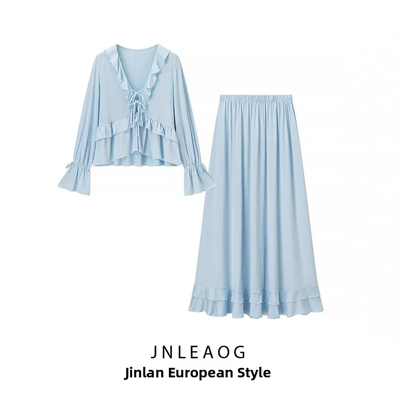 JNLEAOG 봄 신상 패셔너블 레이스 트림 세트 드레스 여성용 루즈핏 긴팔 브이넥 폴리에스터 섬유 드레스