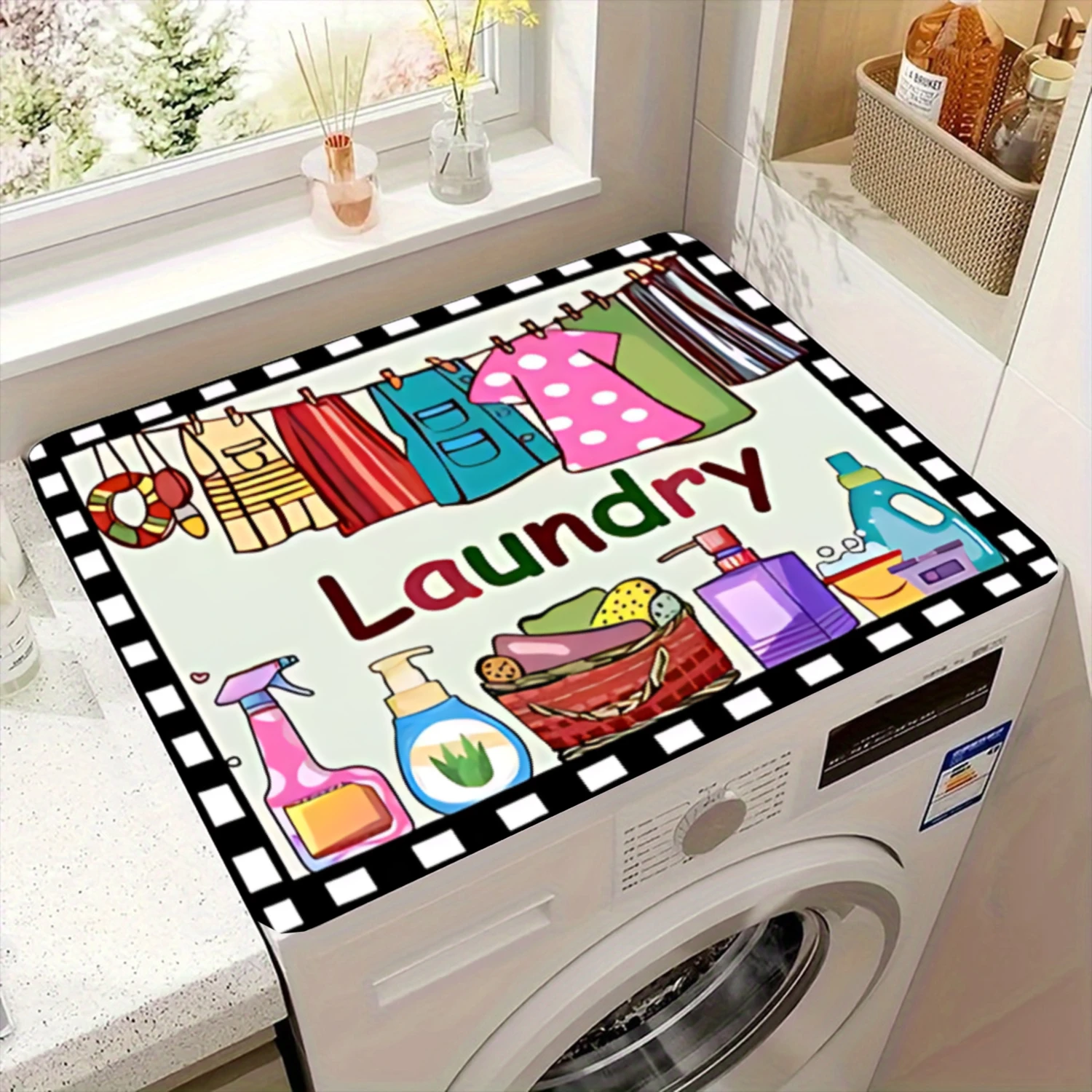 

Чехол для стиральной машины с принтом в клетку (розовый, синий, зеленый), с изображением бутылок для моющих средств и корзины для белья.