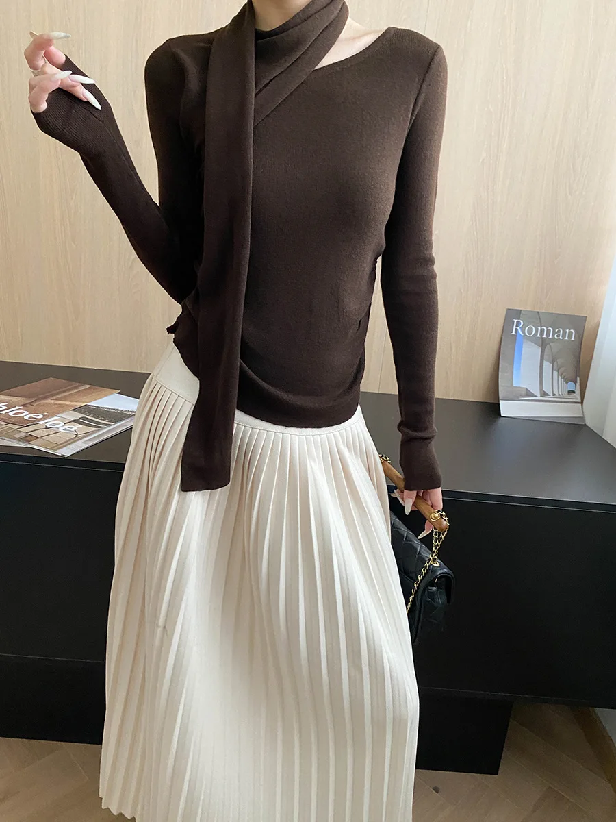 Women's casual solid color scarf, ribbon, slim fit and slimming base knit sweater