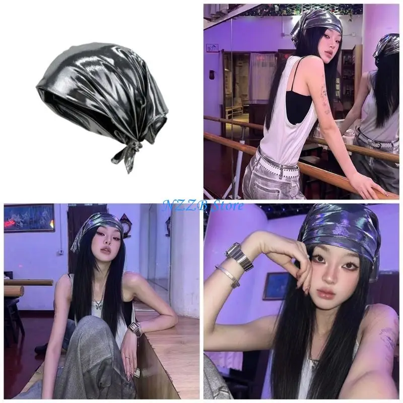 

T21F Headscarf Hiphop Silver Kerchiefs for Girl Nightclub Performances
