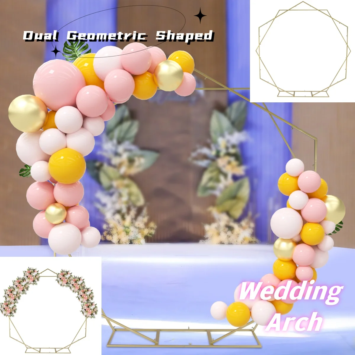 

Dual Geometric Shaped Gold Metal Hexagon & Heptagon Backdrop Stand Metal Wedding Arch