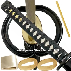 Black Musashi Japanese Sword Guard Katana/Wakizashi Fittings Set Tsuba+Menuki+Fuchi+Kashira+Handle+Habaki+Seppa Accessory