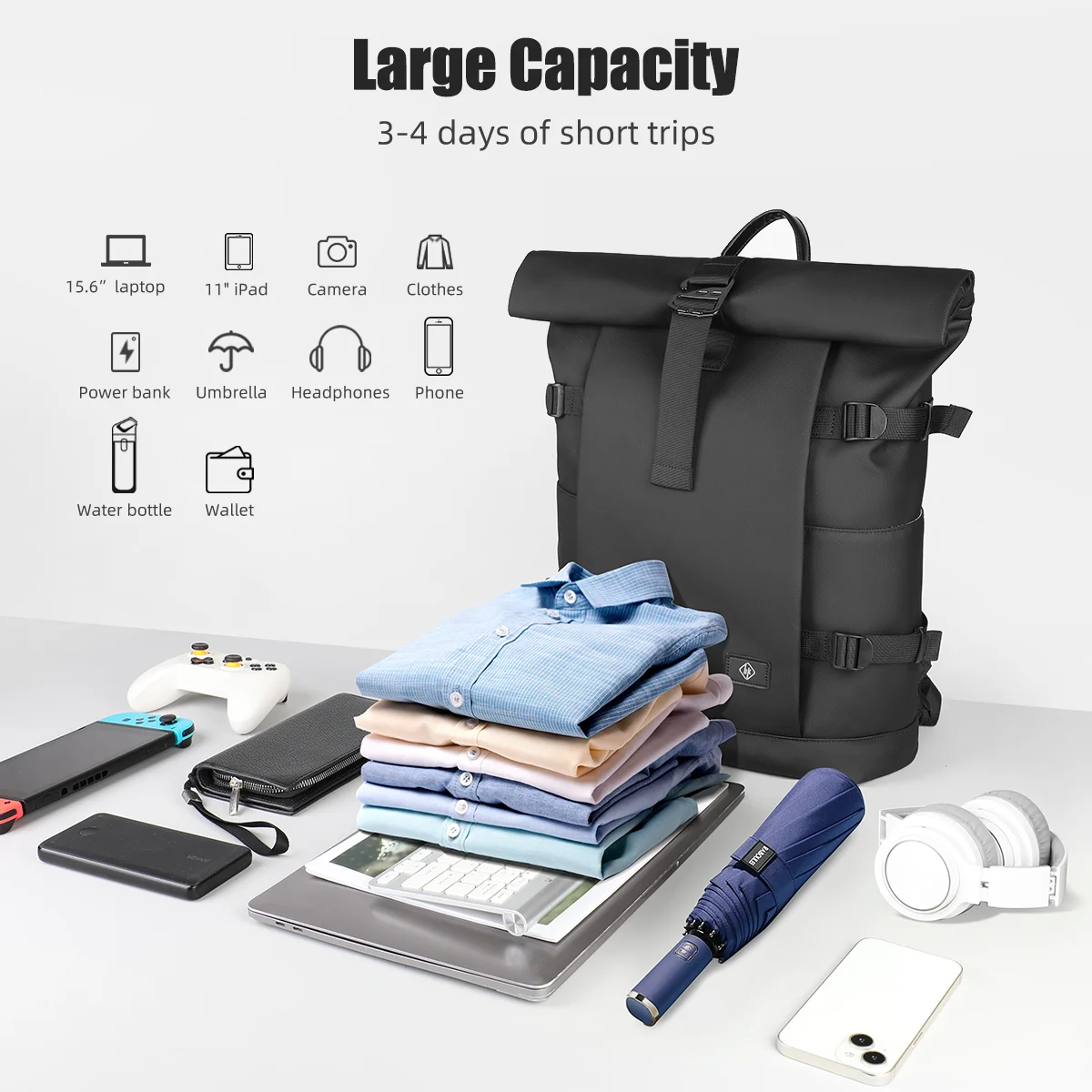 HcanKcan Expandable Roll Top Backpack Large Capacity Travel Outdoor Backpack Waterproof 17” Laptop Backpack Travel Camping Bags