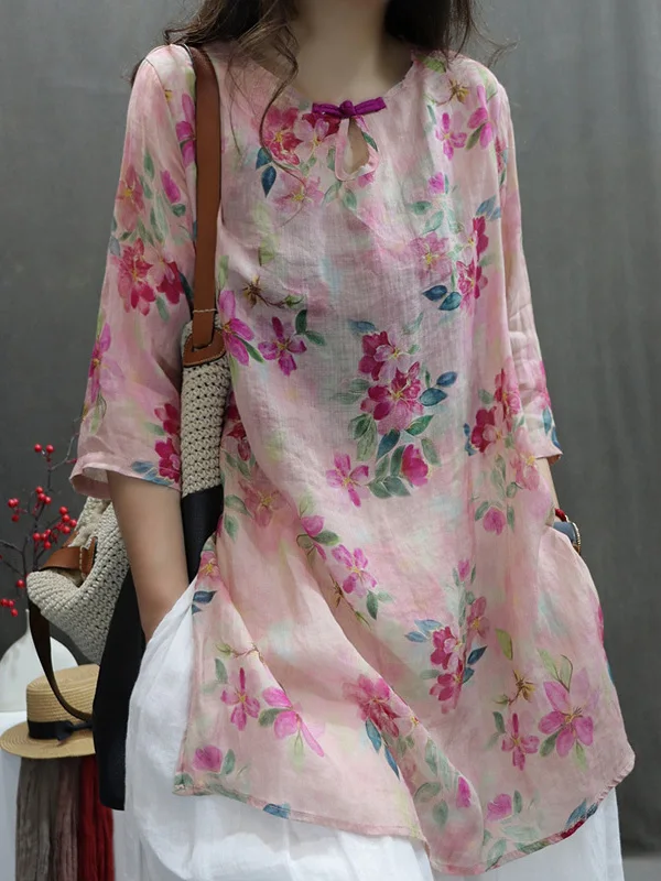 

Retro Buttonl Svel Printed Linen irt Women's Mid-Length Summer Wear Lightweight Breathable Overhead Split Top