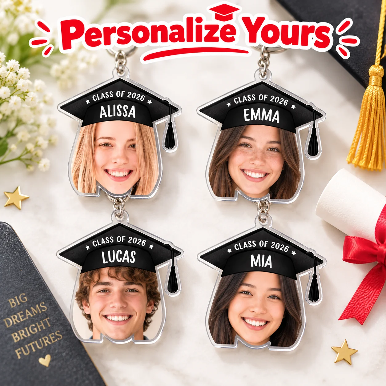 Custom Graduation Cap Photo Keychain Personalized Name Picture Key Ring Class 2026 Graduate Gift High School College Souvenir