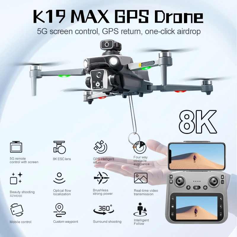 

New K19 Max GPS Drone Dual Camera 5G FPV Transmission Brushless Remote Control Aerial Photography Airdrop 4.5INCH Screen Display