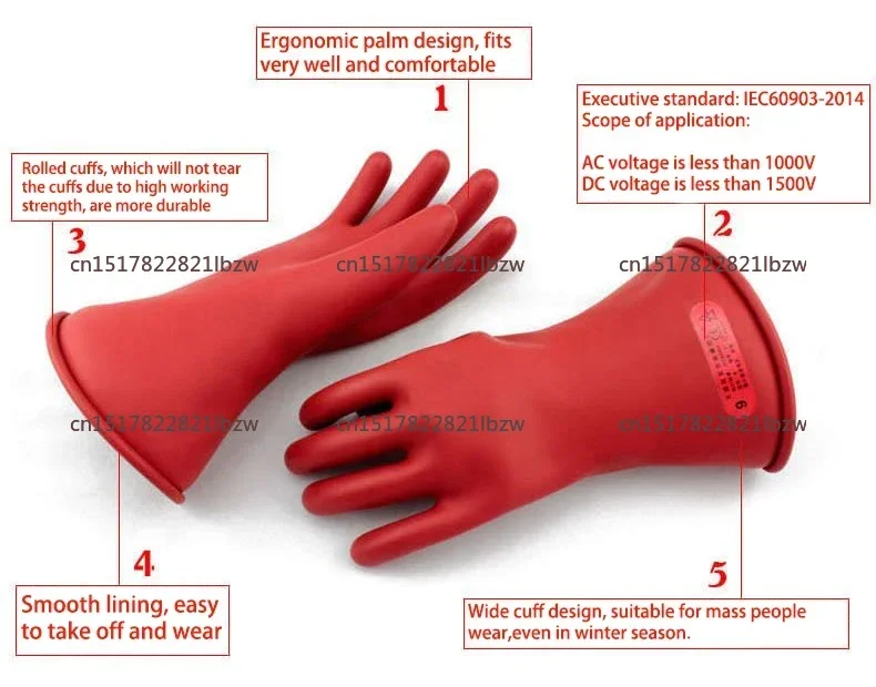 ​​Class 00 5KV Rubber Insulating Gloves - Extended Cuff Latex Dielectric Safety Mittens for Electricians