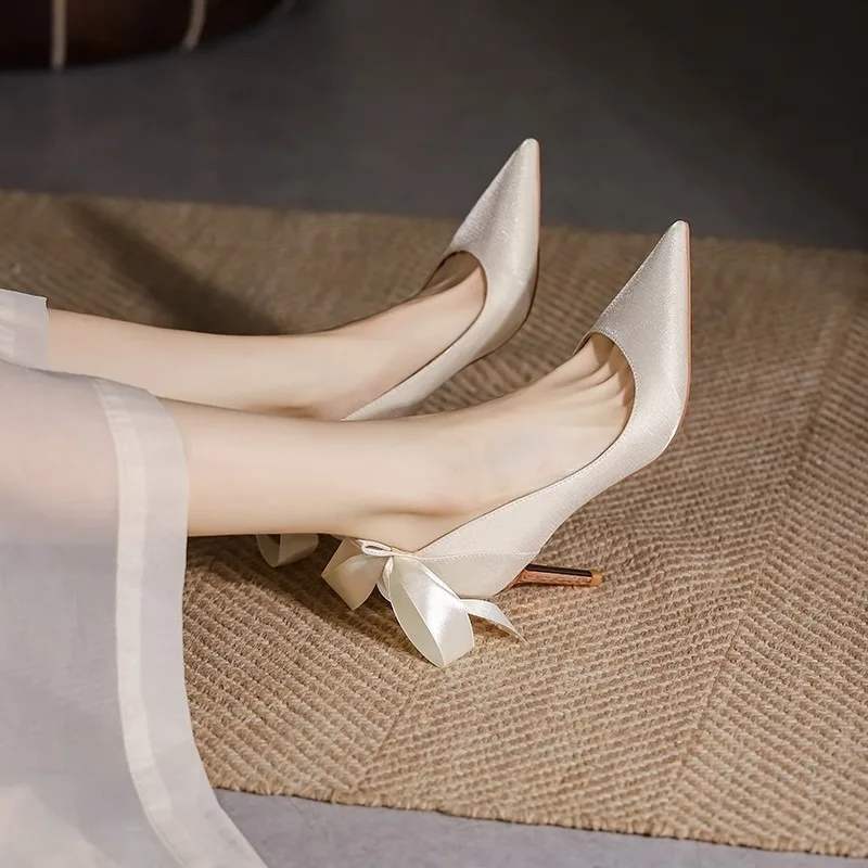 Elegant Ladies White Pearls Ankle Strap Pumps for Wedding Women Silk Back Bowtie High Stiletto Heeled Shoes Woman Spring 2023