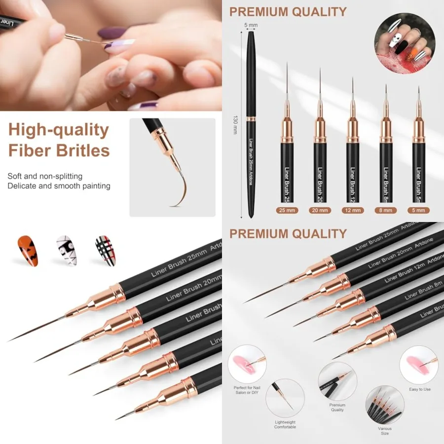 Metallic Nail Art Pens, Liner Brushes Set, 5PCS Black Color Nail Tools For Long Lines, Thin Details, Fine Drawing, Liner Brush UV Gel Polish Painting Nail Design Sizes 5/8/12/20/25mm, Black