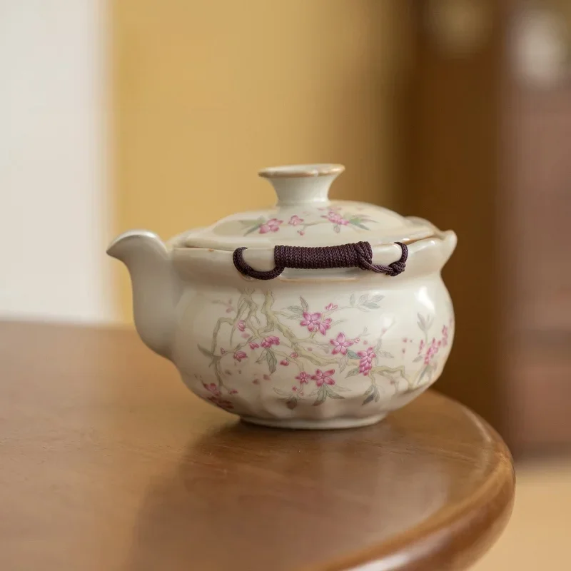 

220ML Traditional Beige Ru Kiln Peach Blossom Branch Porcelain Chinese Kettle Ru Yao Handle Teapot Tea Ceremony KungFu Tea Set