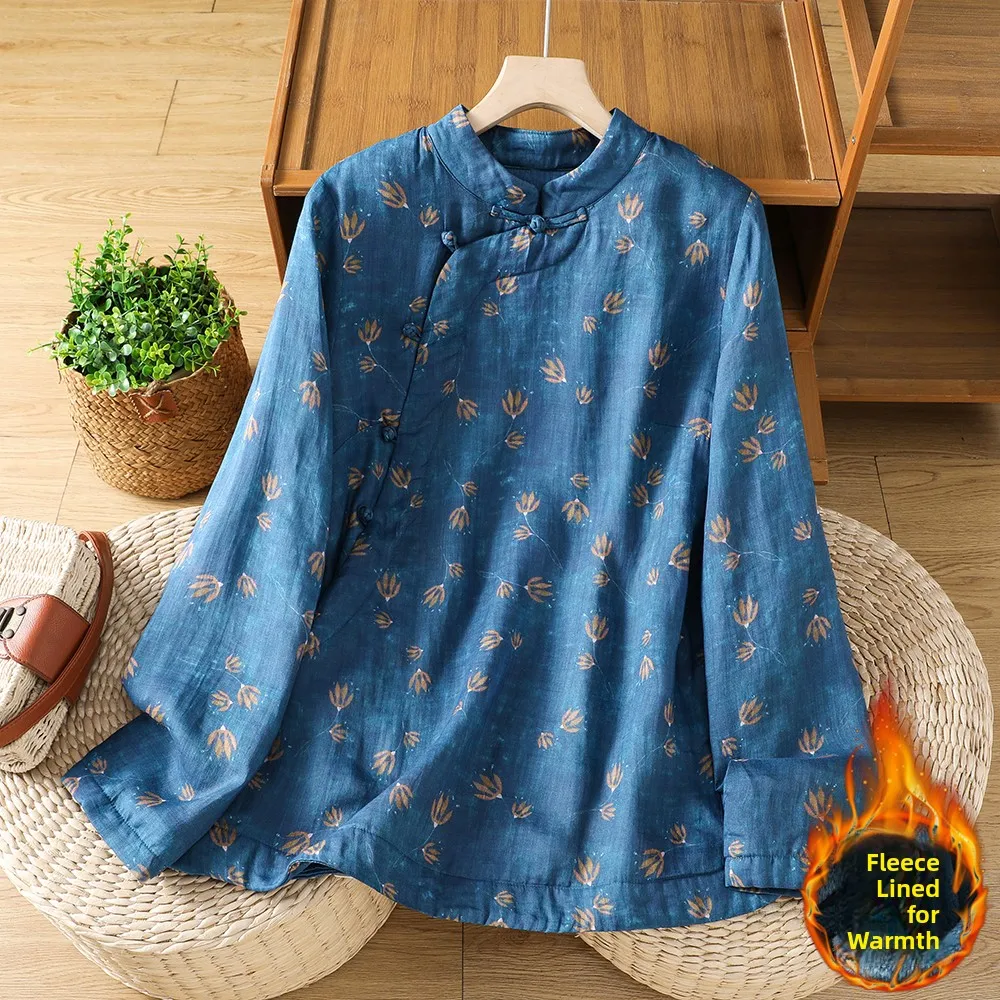 Elegant Short Thickened Retro Tea Clothes Women's Printed Winter Top Coat High-End Anti-Aging Artistic Style Cotton Blend